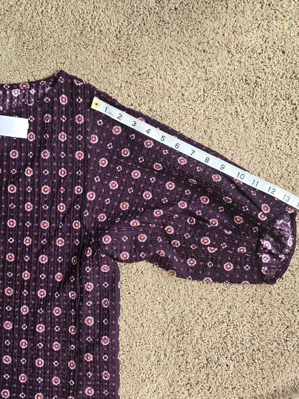 NWT LOFT Textured Smocked Floral Top M Plum Purple Puff 3/4 Sleeve Blouse Boho